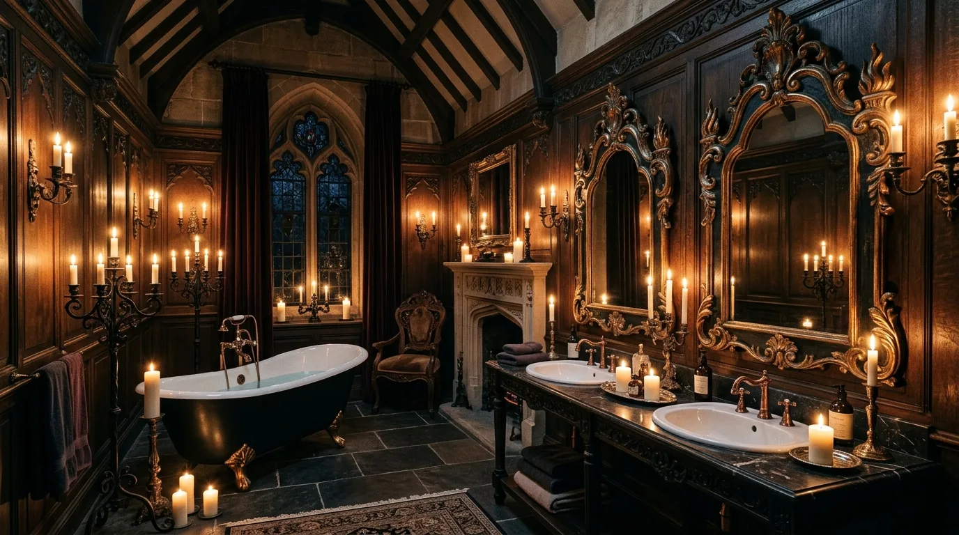 Bring in wood to soften the darker palette inspiration for a moody bathroom.